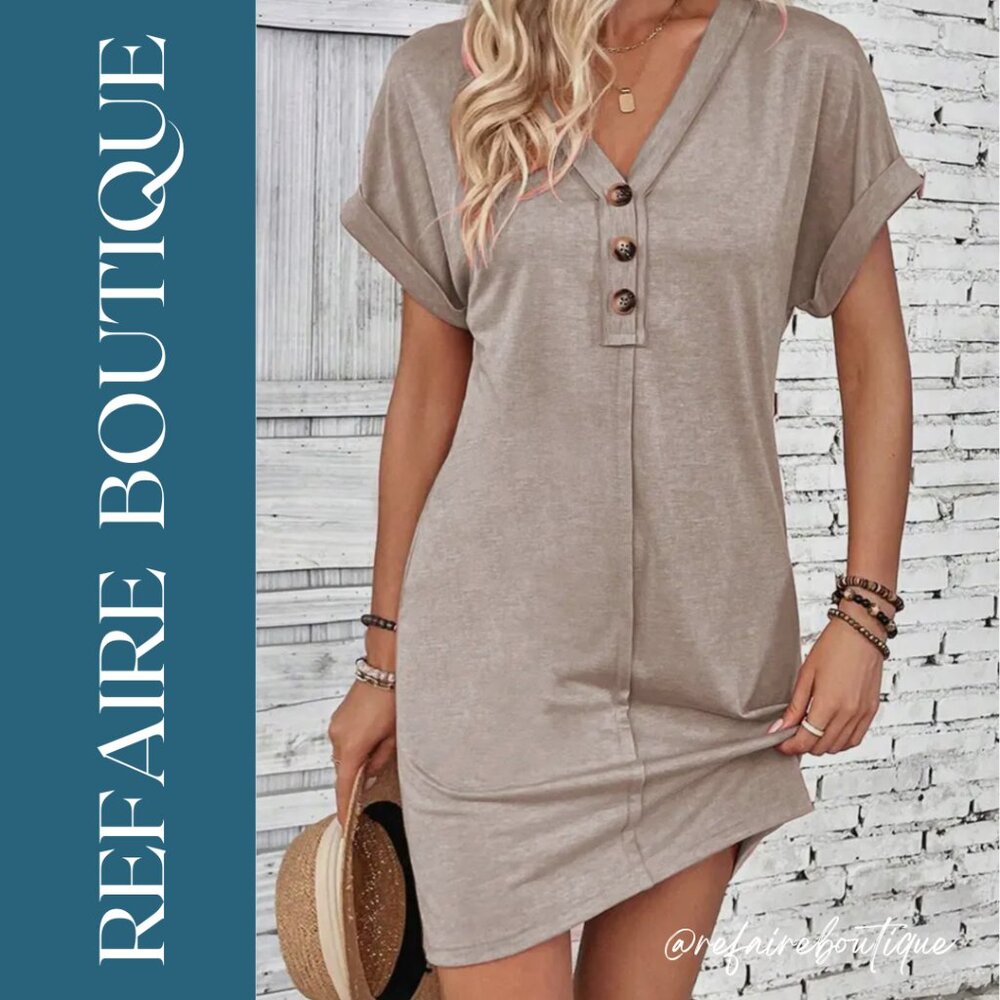 V Neck Buttoned Exposed Seam T-Shirt Dress